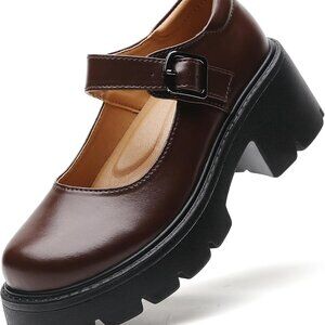 Women Mary Jane Shoes Leather Platform Chunky Heels Non-Slip Dress Pump